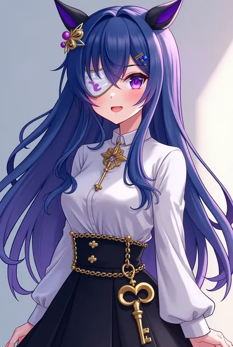 The girl has long hair to the middle of the back, with blue hair, bright purple ends, black highlights on the front of the horse. Beautiful purple eyes, like the color of Amethyst, on the left eye there is a white blindfold with a heart pattern, in the mid...