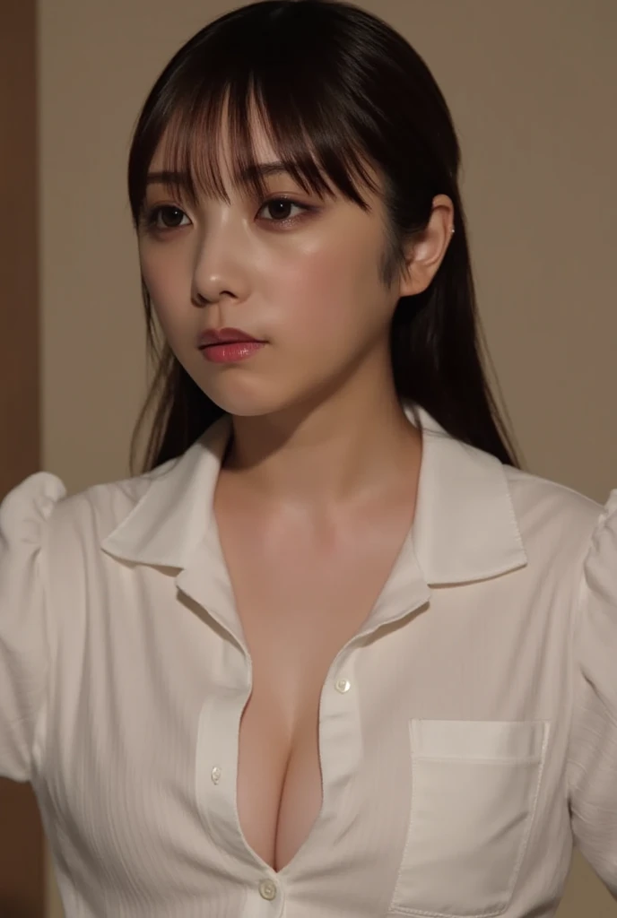 (((Look straight down、full body,night、 huge breasts 、 Wears White Shirt、Fasten the button all the way to the top、 mile、Hotel Rooms、 I can't see my cleavage))),(   anatomically correct  ,   perfect body through Ngs:1.3), Professional writing、Careful work、( ...