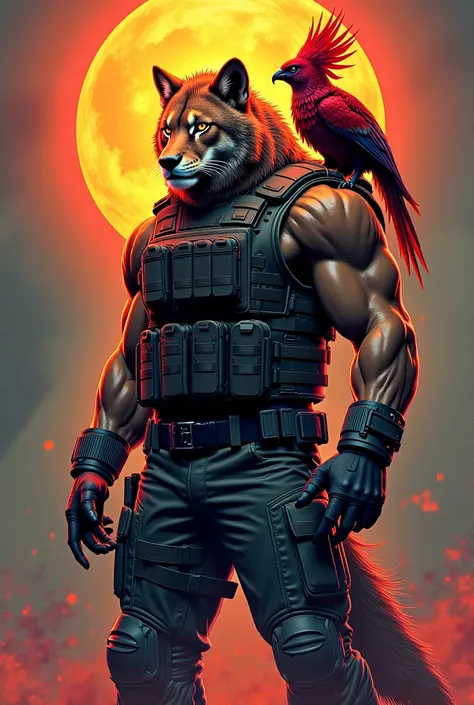 A wolf with lion's eyes in a military tactical vest and pants with an ominous phoenix that sits on his shoulder in a panini comic style and the inscription kraven wolf 