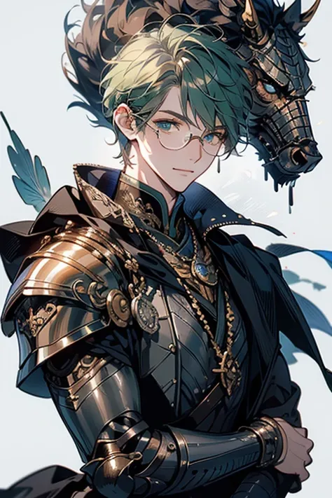  best quality、masterpiece、male、male性、maleの子、men's、Alone、 upper body、Glasses、 green hair、 short hair 、(Warrior)、(knight)、 is smiling、(armor)、(armor)、 beautiful eyes、Well-formed eyes、 white background、 Simple Solid Color Background、 fantasy、(Lighting from th...