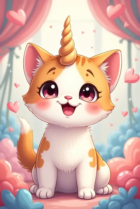 A happy white and caramel spotted kitten with a unicorn horn and a fun background kawaiii-style drawing 