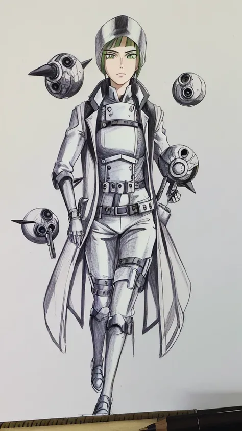 a drawing of a man with a gun and a bird, pencil and ink drawing, ink and pencil, dystopian sci-fi character, cypherpunk fashion illustration, ink and charcoal illustration, steel inquisitor from mistborn, anime character; full body art, ink drawing, an in...