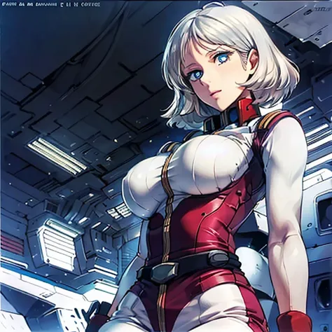  Original Characters, excellent anatomy, masterpiece,  best quality, is present, hyper is present, 16K HDR,photo is present,  movie,  cockpit view , 20 years old, beautiful woman,(Light silver hair, shortcuts:1.2), big breasts,from below, dynamic pose 