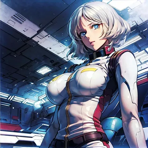  Original Characters, excellent anatomy, masterpiece,  best quality, is present, hyper is present, 16K HDR,photo is present,  movie,  cockpit view , 20 years old, beautiful woman,(Light silver hair, shortcuts:1.2), big breasts,from below, dynamic pose 