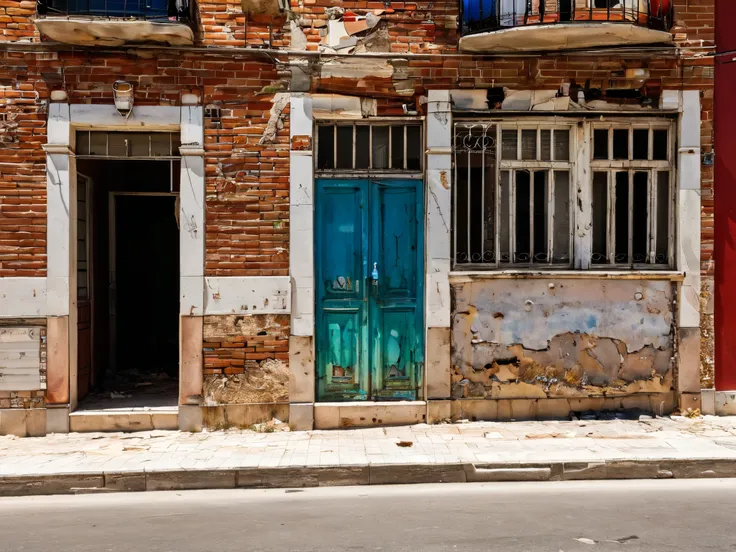 the portal of a dirty and dilapidated block of red brick houses with chipped and painted walls on a very dirty and deteriorated street in a suburb of Madrid on a hot summer day