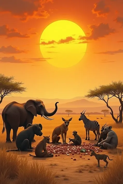 : A dry savanna under a blazing sun. Animals like elephants, zebras, monkeys, and gazelles are sitting in a circle, sharing their last bits of food. Hyena is in the background, greedily eating more than his share, with a sly grin. Hare, small but confident...