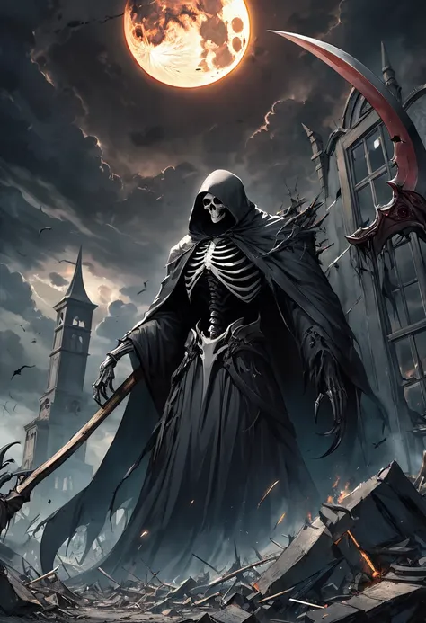    horror,Grim Reaper  ,   Giant Size, Death Scythe,  A form of reaping life,     The End of the World     , symbol of destruction, destruction, Dark Fantasy,cigarette,  Broken Window  , eclipse,