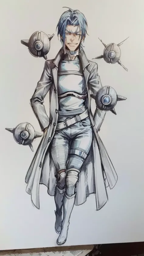 a drawing of a man with a gun and a bird, pencil and ink drawing, ink and pencil, dystopian sci-fi character, cypherpunk fashion illustration, ink and charcoal illustration, steel inquisitor from mistborn, anime character; full body art, ink drawing, an in...