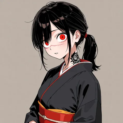 Red-eyed Asian woman with right eye scar and expression of hate, Hair with ponytail hairstyle , medium tits and wearing an all-black kimono and tattoo 