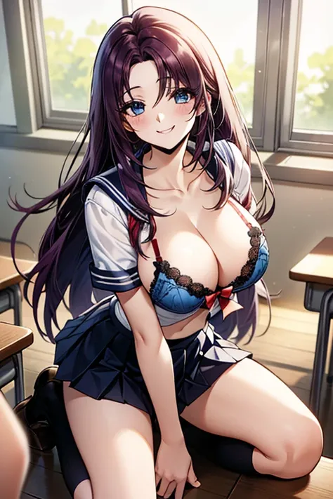 Style, styles, reibaishi izuna, hazuki izuna,open shirt, ((red sexy bra)), long hair, blue eyes, purple hair, cleavage, big breasts, school uniform, pleated skirt, serafuku, sailor collar, red bow, blue skirt,black socks, smile, sexy body, school classroom