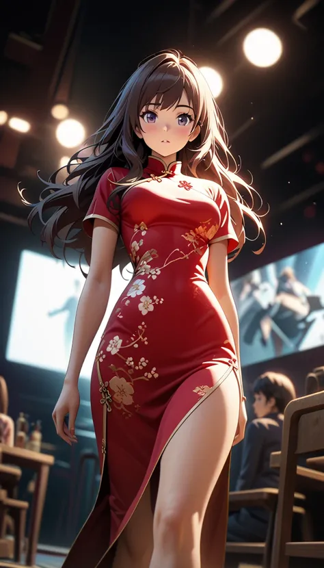 Hojo Tsukasa comic style, Cheongsam girl, long hair, pure white background, depth of field, low angle view, calf level view, Overclocked renderer, movie lighting, Ultra-fine, super detailed, complicated, cinematic perspective, CG art, 