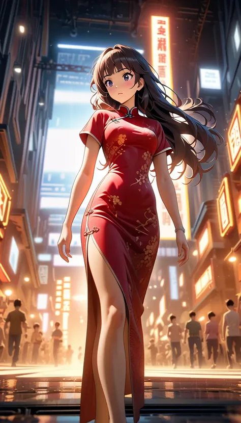 Hojo Tsukasa comic style, Cheongsam girl, long hair, pure white background, depth of field, low angle view, calf level view, Overclocked renderer, movie lighting, Ultra-fine, super detailed, complicated, cinematic perspective, CG art, 