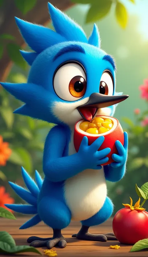 Make an image of Mordecai eating a passion fruit 