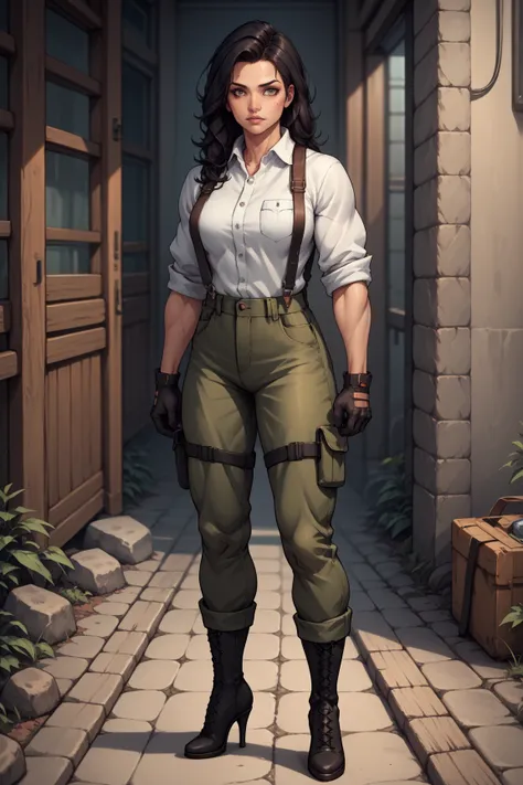 Adult woman, with a tall stature, long black hair, arms with well-defined muscles, well-defined legs, wearing cargo pants, a shirt with rolled-up sleeves, gloves with the fingertips exposed, suspenders, and short-heeled boots. Front-facing image, full body...