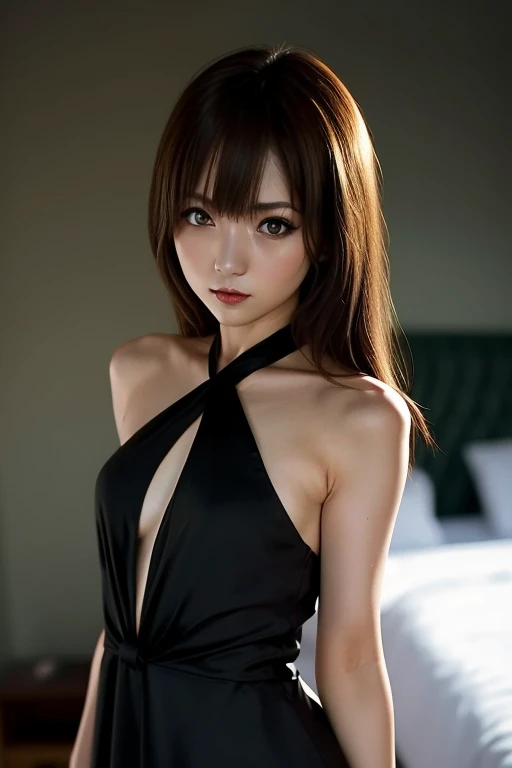  best quality, masterpiece,   super high definition , (photo is present:1.4),  RAW photos, 1 girl, Alone,  is present,  viewers,  tied his lips, Simple background,  upper body, shoulder out,  black dress , 