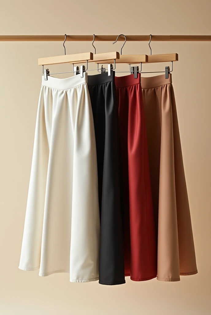 Satin skirts in solid white, black, cherry red, beige in hangers on a stand with proper spacing between skirts with pastel beige background and also add some details in depth to make it look more realistic something very unique something you have never cre...