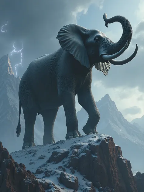 A giant elephant stands on a mountain, there is thunder.