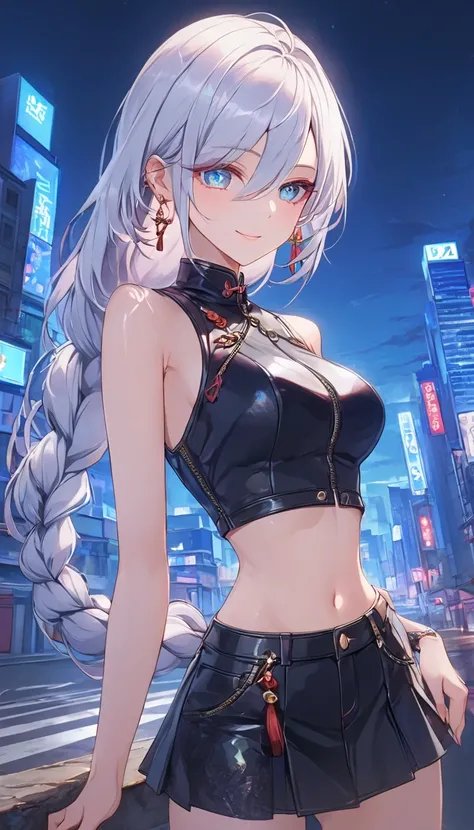 a woman wearing a sequin mini skirt, leather vest, and high-heeled boots, standing in a modern city street at night, neon lights, cityscape background, dramatic lighting, cinematic atmosphere, 8k, highly detailed,shenhe, blue eyes, braided ponytail, earrin...