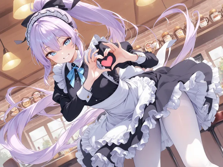 (masterpiece ,best quality, exquisite, ultra-detailed character), 1girl, lilac hair, very long hair, ponytail, hair ribbon, light blue eyes, grin, maid, frills, maid cafe, white pantyhose, heart hands, dynamic pose, dynamic angle