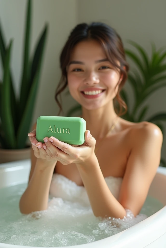 "Create a serene and luxurious bathroom scene where a young woman is happily bathing, surrounded by soft natural lighting. She is holding a vibrant green, rectangular bar of aloe vera soap labeled 'Alura' in elegant font. Her expression exudes joy and rela...