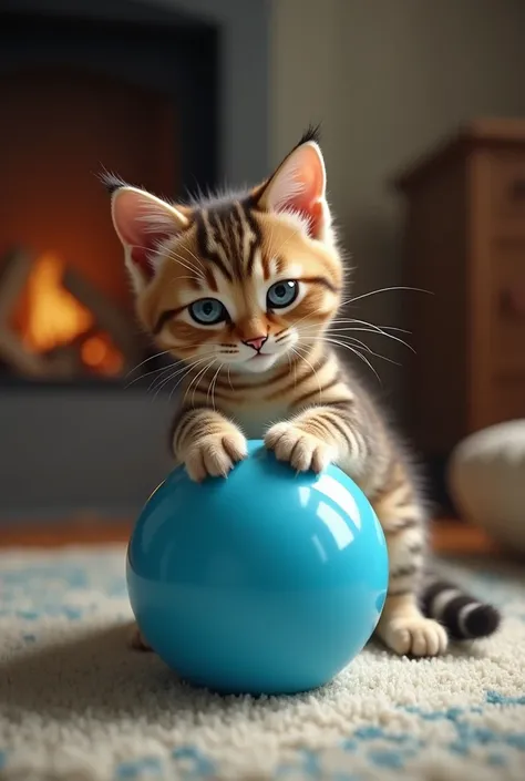 A cat with a blue ball 