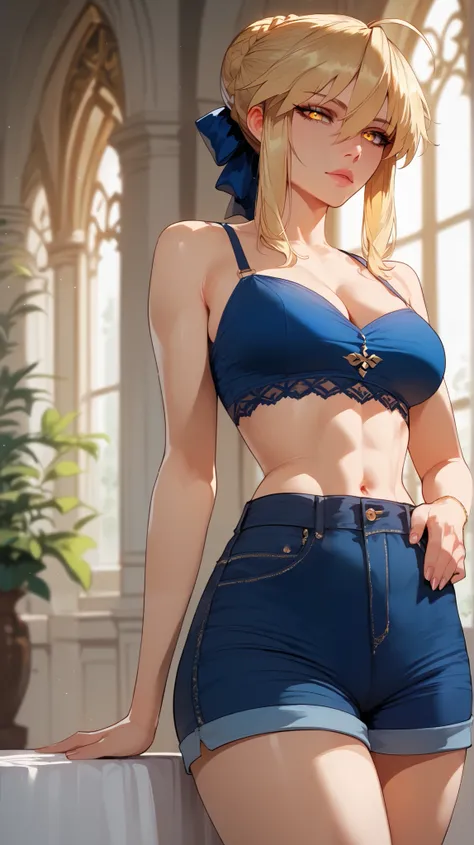 Artoria Pendragon style,  blonde hair ,  golden eyes,  perfect eyes,  perfectly sexy face, ultra detailed,  ultra perfect eyes ,  big beautiful woman , standing, dark blue shorts, Body,  looking at the spectator,