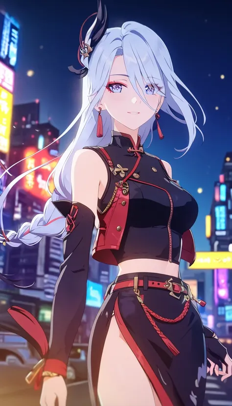 a woman wearing a sequin mini skirt, leather vest, and high-heeled boots, standing in a modern city street at night, neon lights, cityscape background, dramatic lighting, cinematic atmosphere, 8k, highly detailed,shenhe, blue eyes, braided ponytail, earrin...