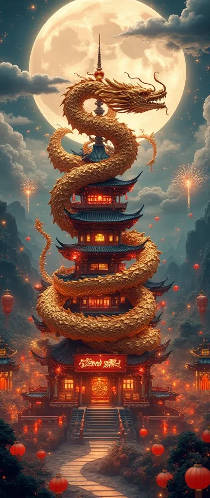 A majestic golden serpent coiled around a traditional Chinese pagoda, glowing with divine energy, surrounded by red lanterns and fireworks lighting up the night sky. The serpent has intricate scales with dragon-like details, symbolizing wisdom and prosperi...