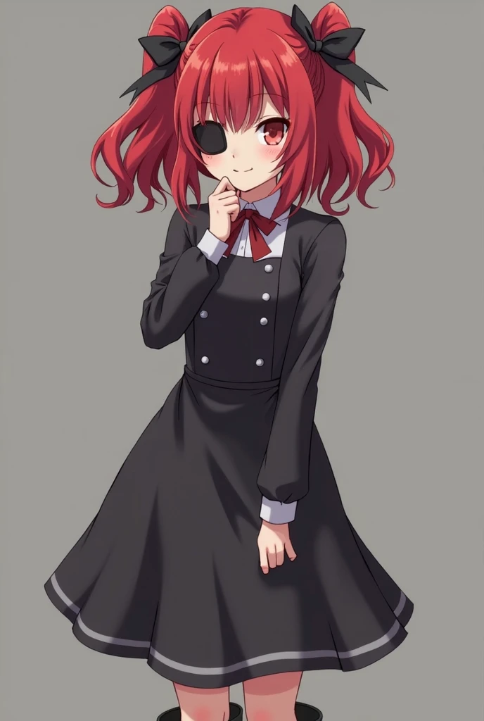 create an anime style image:
 A girl with red hair and two Maria Chiquititas .
She has a black eye patch on one of her eyes ,  and the other has the same hair color but in a darker tone.
 She wears a dress that recalls the clothes of employees in animes , ...