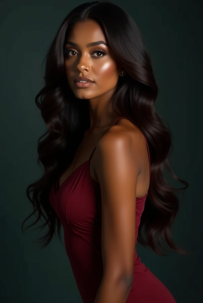 A stunning woman with radiant, dark skin that glows softly under moody, professional lighting. Her hair is long, flowing, and voluminous, with soft waves and curls at the ends, creating a lively, dynamic look. The rich, dark hue of her hair catches the lig...