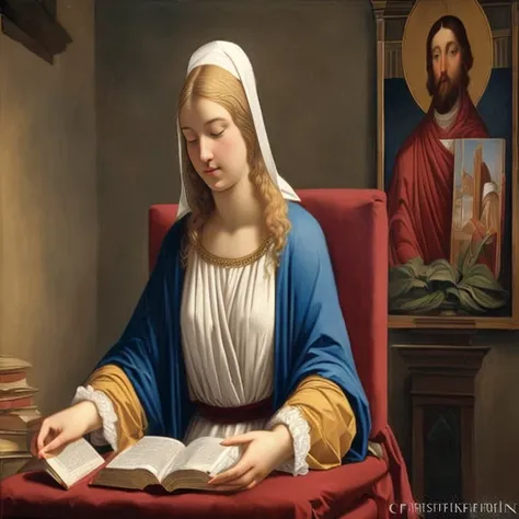 Stuffed image of a woman reading a book on a chair,  Mary at a Shrine,  by Johann Friedrich Overbeck , inspired  by Johann Friedrich Overbeck ,  by Christoffer Wilhelm Eckersberg ,  by Petrus Christus  ,   catholic religious art ,  majestic holy woman , in...