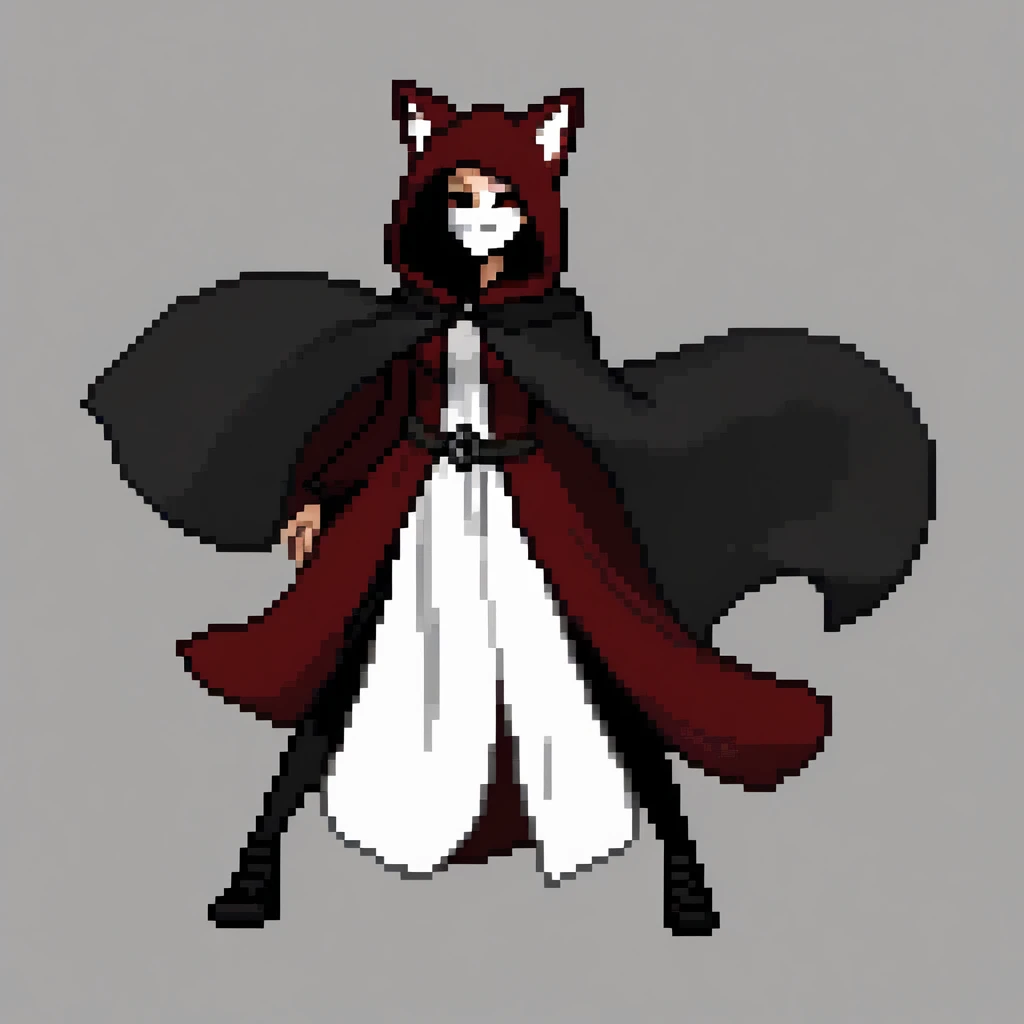 Hooded fox woman with a black cape, cultists , white mask, dark white background. 