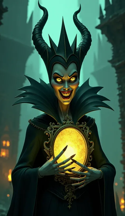 A horrifying 3D render of the Evil Queen in her most terrifying form, with sharp, angular features and a sinister smile. Her crown is jagged and metallic, glowing faintly with an eerie green light. Her eyes are piercing and filled with malice, and her dark...