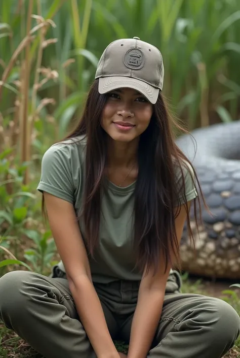 Picture of a beautiful Indonesian woman,wearing a t-shirt and cargo pants, with long straight hair and a baseball cap,sitting on the field,with the weed on the left and right behind it is a giant anaconda 34K ultra HD