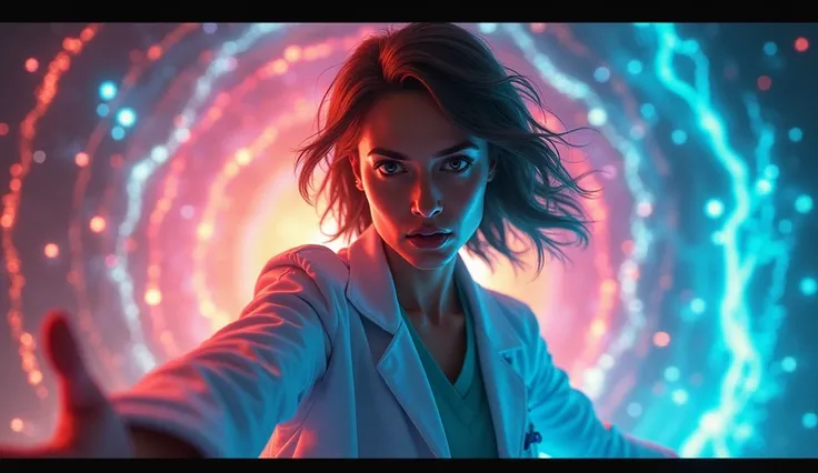 A cinematic animation of Dr. Jane Taylor in a tense moment, framed by the vibrant, swirling colors of the rift. As she reaches forward, the rift reacts with flashes of light and sparks of energy, illuminating her determined face. Her lab coat flows with an...