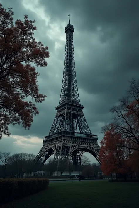 An eiffel tower with beautiful tree on a cloudy black day