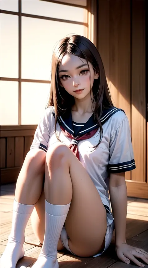 interior, Room, ((W pose sitting on the floor)), student,  long hair ,   brown hair,  brown eyes , (perfect skin,  realistic skin), Seifuku, white shirt,  white socks,  white panties ,  emphasis on fine fabric, Sensual:1.1, to smile, Blush:1.2,  TakagiSanP...