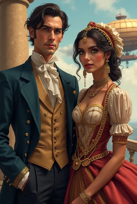 Phileas Fogg a refined Englishman with Aouda an Indian princess girl, characters from "Around the World in Eighty Days", Victorian era, steampunk, illustrated book cover, highly detailed face, beautiful detailed eyes, beautiful detailed lips, long eyelashe...