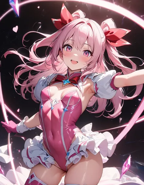 ((masterpiece)), ((highest quality)), (Super detailed), ((cute)), cute, (Lovely), ((sexy)), (device), ((Very detailed)), 4K, (8k), highest quality, (beautiful), One girl, , Shiny skin, Pink Hair, Long Hair, Both sides up, Pink Eyes, Magical girl, , Small b...