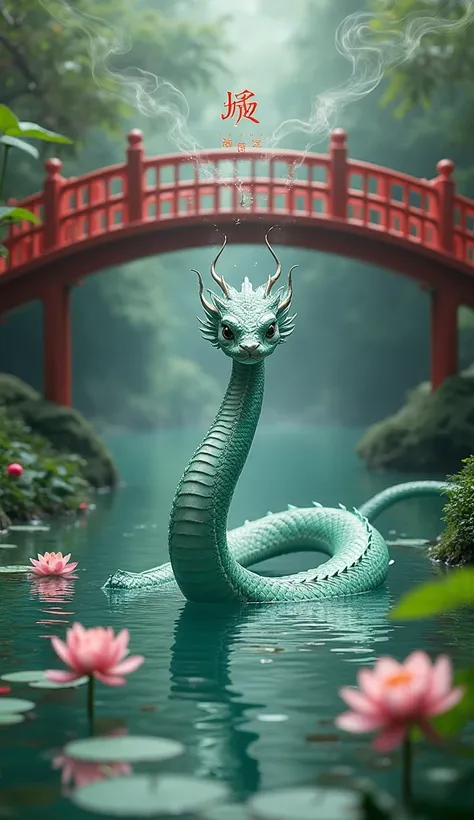 A mythical water serpent rising from a crystal-clear river under a traditional red Chinese bridge, its body shimmering with shades of jade green and silver. Lotus flowers bloom around it, and incense smoke swirls in the air. The scene captures the serene a...