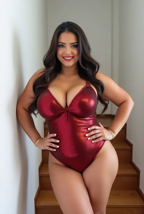 young busty brunette with very large breasts and a confident body in a ruby shiny bodysuit.     A woman poses sexually on wooden stairs with white walls.       The woman's figure is confident, very gigantic breasts, small waist, wide hips.      Female figu...