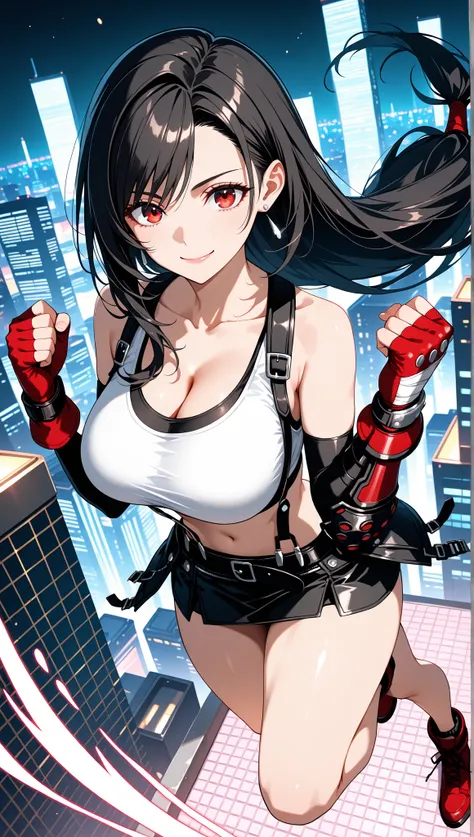 tifa lockhart, final fantasy vii, 1girl, bangs, bare shoulders, belt, black belt, black gloves, black hair, black skirt, cleavage, clenched hands, closed mouth, collarbone, crop top, earrings, elbow gloves, fingerless gloves, floating hair, gloves, hair be...