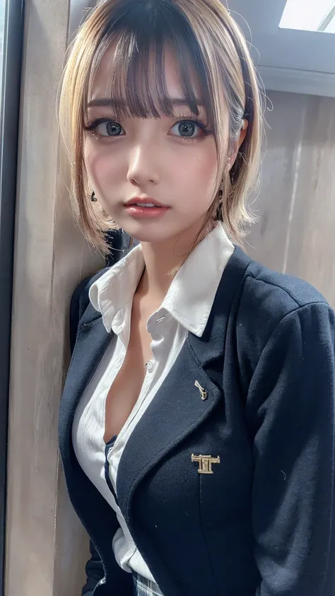 ((masterpiece,  best quality,  high resolution,  Ultra Fine)),  Japanese high school girl in a bold position,( is present:1.5)、great face、 Closed Mouth、 sharp mouth、With a pout、Kissing Mouth、Glossy Lips 、 short hair while on a business trip,(Beautiful blon...