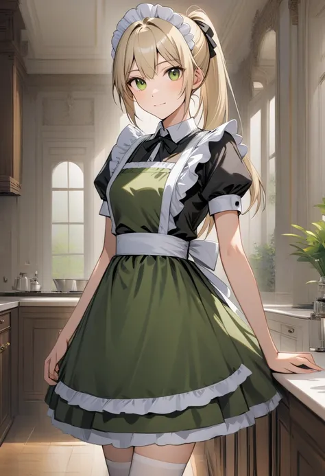 (masterpiece), best quality, expressive eyes, perfect face, 1 Girl, Tall, Tomboy, soo, long ponytail hair, light blonde hair, dark green eyes, medium chests, gentle smile, looking at viewer, green maid dress, short-sleeve, black maid neck ribbon, green mai...