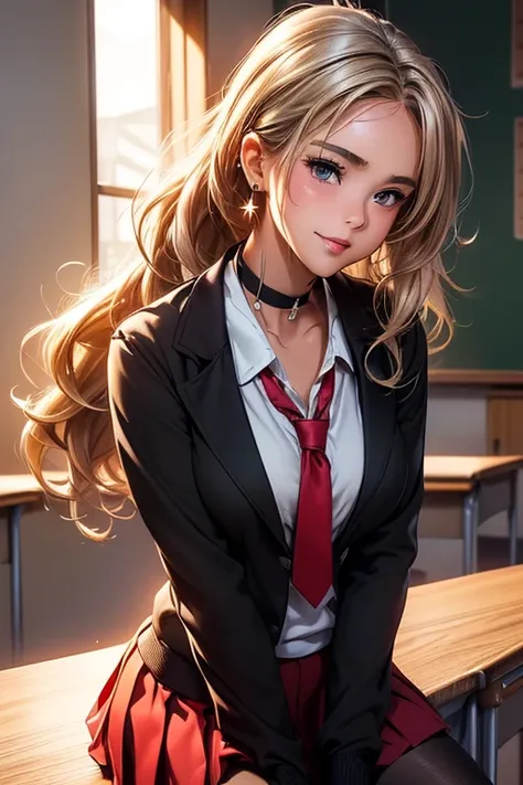  photo shoot, (( One Girl)), ((baby face:1.4)), ((cute:1.4)), ((Junior high school students:1.4)),  
break  

((black student blazer :1.3)),  white dress shirt , ( red tie), (( red pleated skirt:1.3)), ( black tights), 
(( Silver Star Earrings )), (( black...