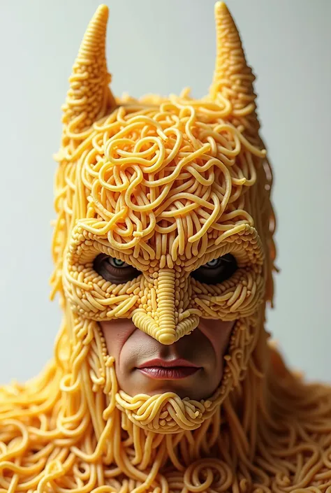 Batman face made of spicy noodles. Make it square format