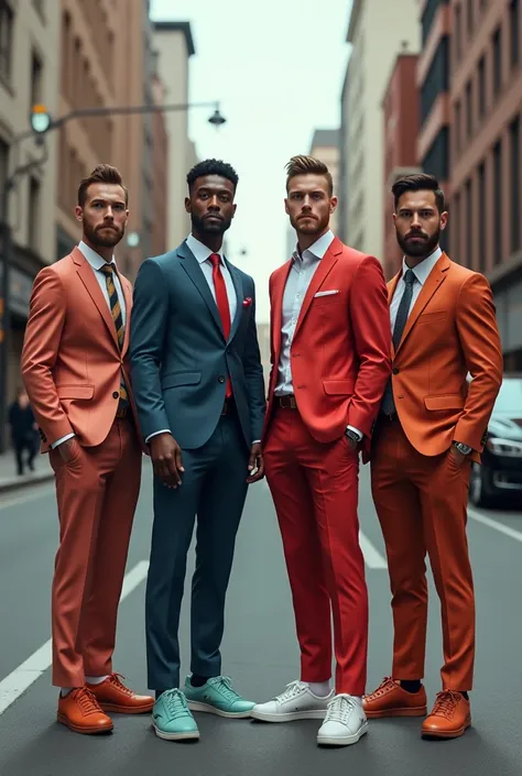 Four men with different eyes wearing different colored sneakers,wearing different colored suits,different hair colors are standing on a street 