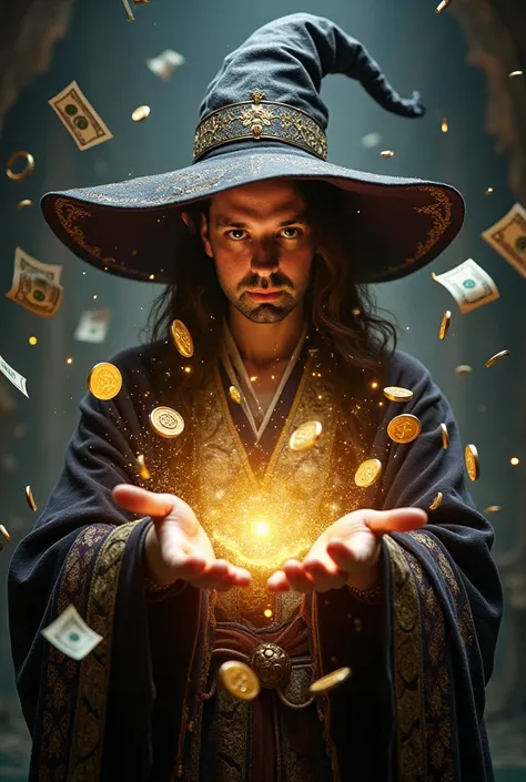 The model is wearing a wizard's hat and outfit. No big hair or beard. You're doing magic that turns things into money 