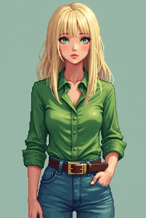 Blonde woman in a pixel, 40 years,  fair skin ,  straight hair,  belts , 1,56 tall and 60 kilos, with green blouse and jeans,  Green Eyes Pants