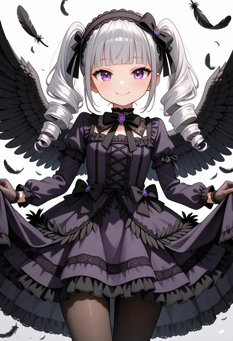 Sewell's wagtail girl with ((wings)), silver hair, ((twin-drill hair, twintail hair)), (((blunt bangs))), ((black-feathers-shaped-bow hairband)), purple lace glossy gothic dress, black lace glossy gloves and pantyhose, cheerful happy, 
line style flat illu...